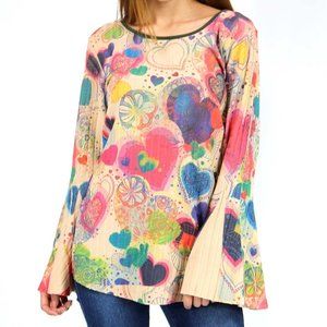 Long bell sleeve top with multi colored hearts
